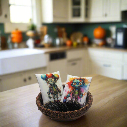 Set of two Halloween mini pillow bowl fillers with cute silly zombies