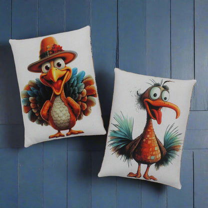 Two decorative pillows bowl fillers with cartoonish turkey designs