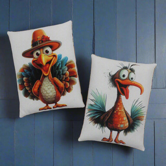 Two decorative pillows bowl fillers with cartoonish turkey designs