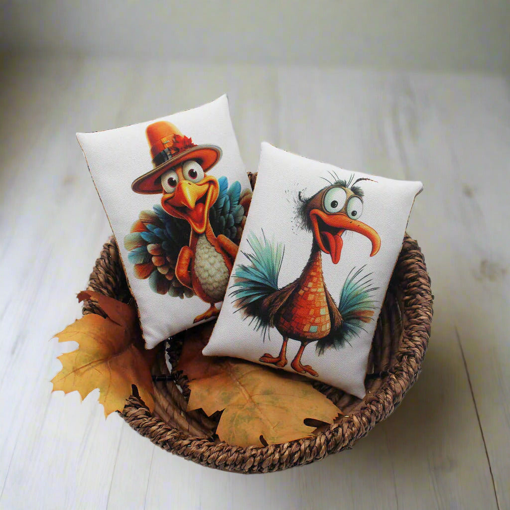Two decorative pillows with cartoon turkeys in a woven basket on a light background