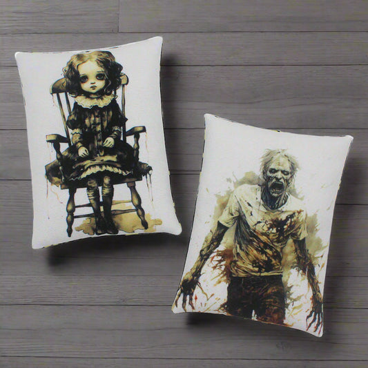 Set of two Halloween mini pillow bowl fillers with a zombie and a creepy doll