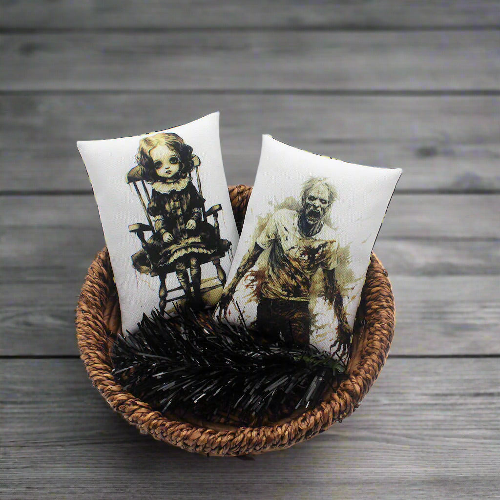 Set of two Halloween mini pillow bowl fillers with a zombie and a creepy doll