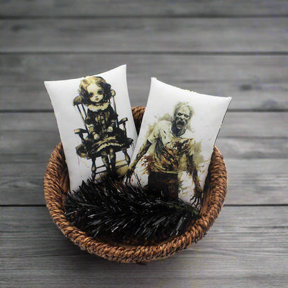 Set of two Halloween mini pillow bowl fillers with a zombie and a creepy doll