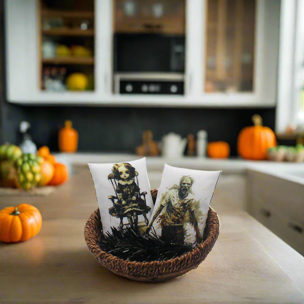 Set of two Halloween mini pillow bowl fillers with a zombie and a creepy doll