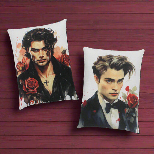 Set of two Halloween mini pillow bowl fillers with images of handsome young vampires with red roses