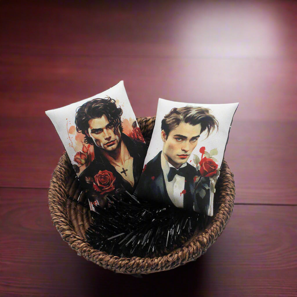 Set of two Halloween mini pillow bowl fillers with images of handsome young vampires with red roses