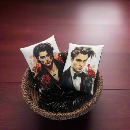 Set of two Halloween mini pillow bowl fillers with images of handsome young vampires with red roses