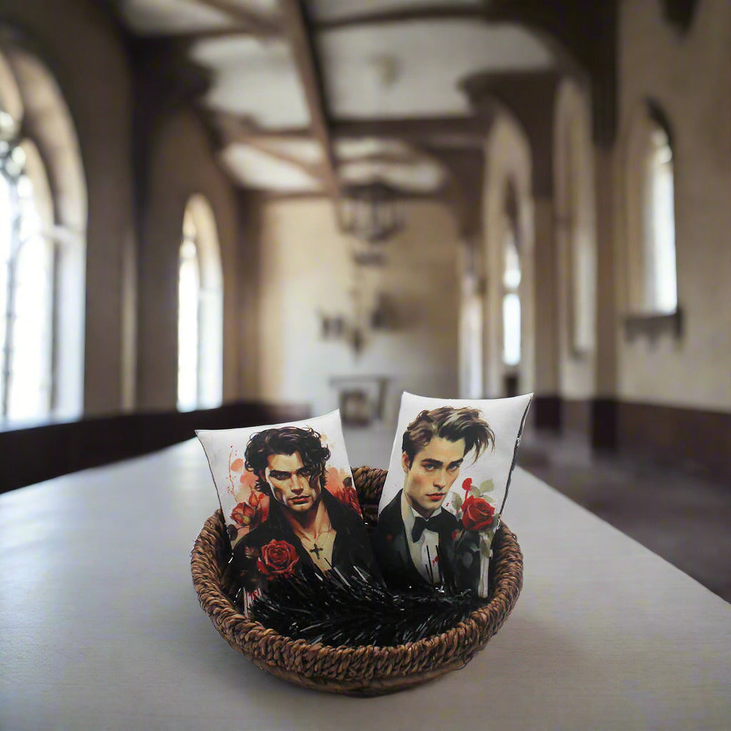Set of two Halloween mini pillow bowl fillers with images of handsome young vampires with red roses