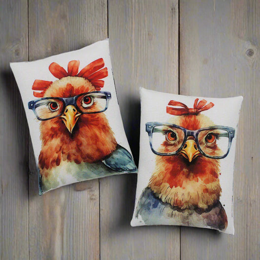 Set of two whimsical mini pillow bowl fillers with chickens wearing eye glasses