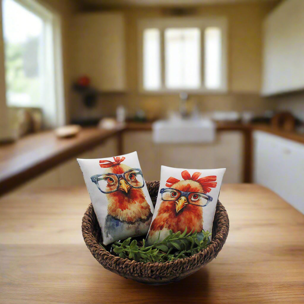 Set of two mini pillow bowl fillers with chickens wearing eye glasses
