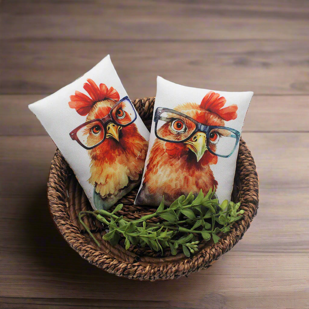 Set of two mini pillow bowl fillers with chickens wearing eye glasses