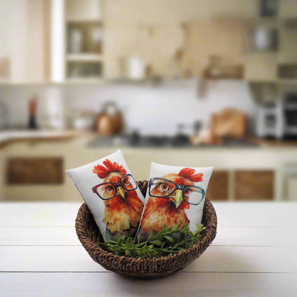 Set of two mini pillow bowl fillers with whimsical chickens wearing eye glasses