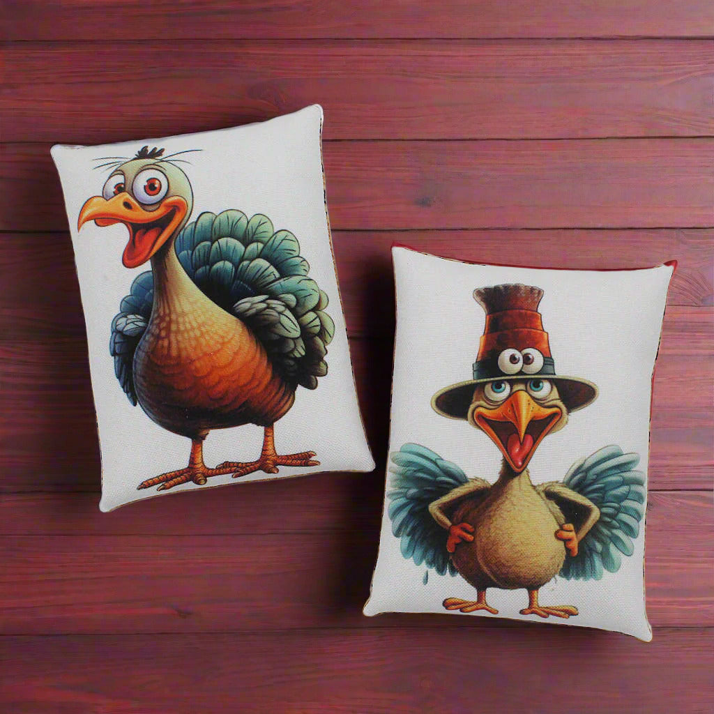 Two decorative mini pillow bowl fillers with cartoon turkeys