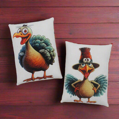 Two decorative mini pillow bowl fillers with cartoon turkeys