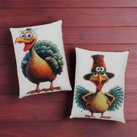 Two decorative mini pillow bowl fillers with cartoon turkeys
