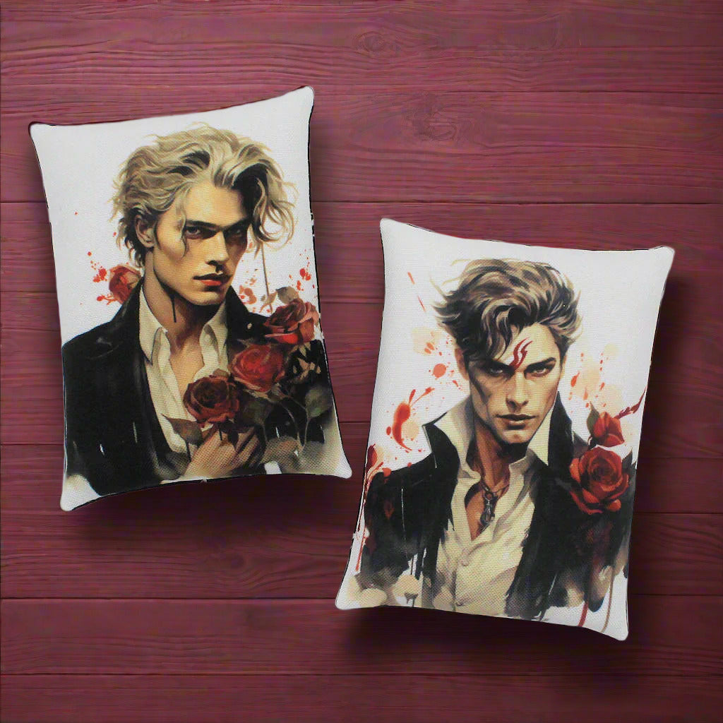 Set of two Halloween mini pillow bowl fillers with images of handsome young vampires and red roses