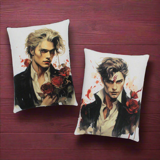 Set of two Halloween mini pillow bowl fillers with images of handsome young vampires and red roses