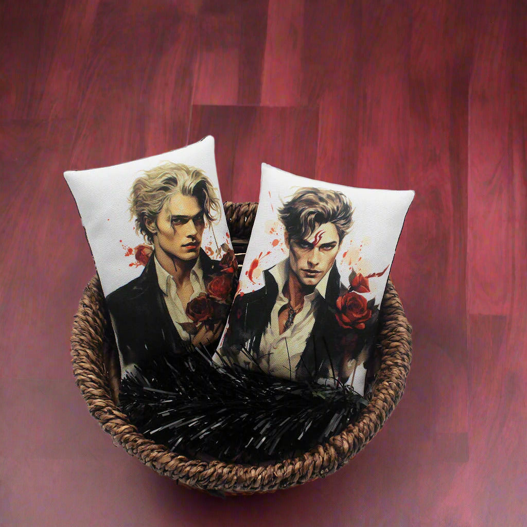 Set of two Halloween mini pillow bowl fillers with images of handsome young vampires with red roses