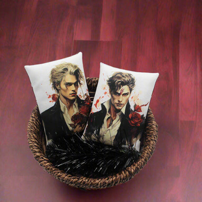 Set of two Halloween mini pillow bowl fillers with images of handsome young vampires with red roses