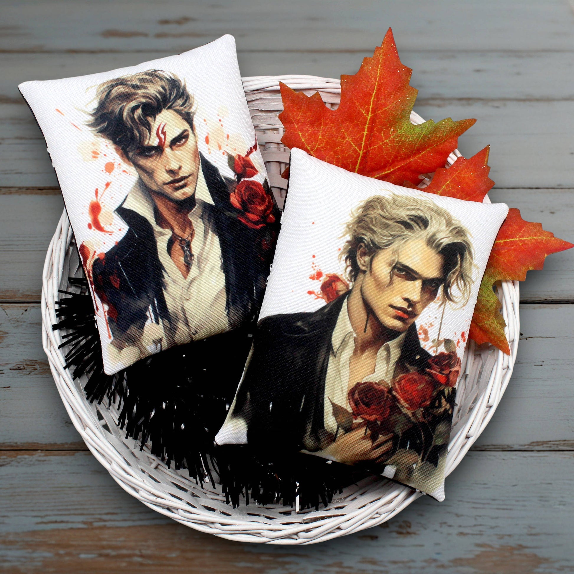 Set of two mini pillow bowl fillers for Halloween decorating featuring  couple of handsome young vampire men