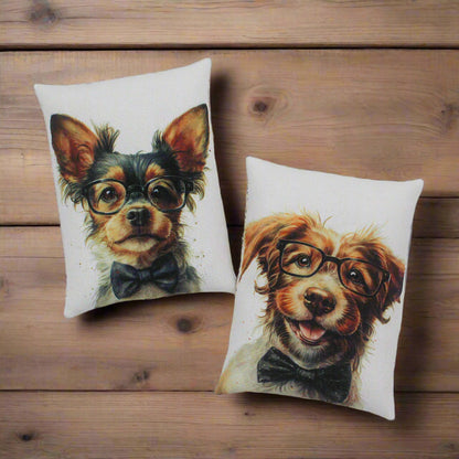 Set of two mini pillow bowl fillers with images of dogs wearing eye glasses