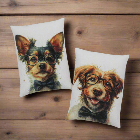 Set of two mini pillow bowl fillers with images of dogs wearing eye glasses