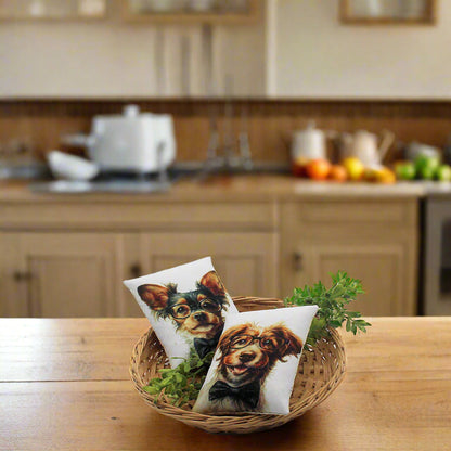 Set of two mini pillow bowl fillers with whimsical images of cute dogs wearing eye glasses