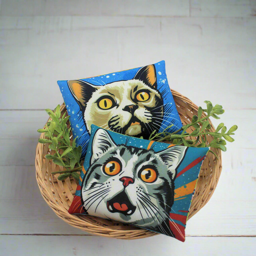 Set of two whimsical mini pillow bowl fillers with pop art cats