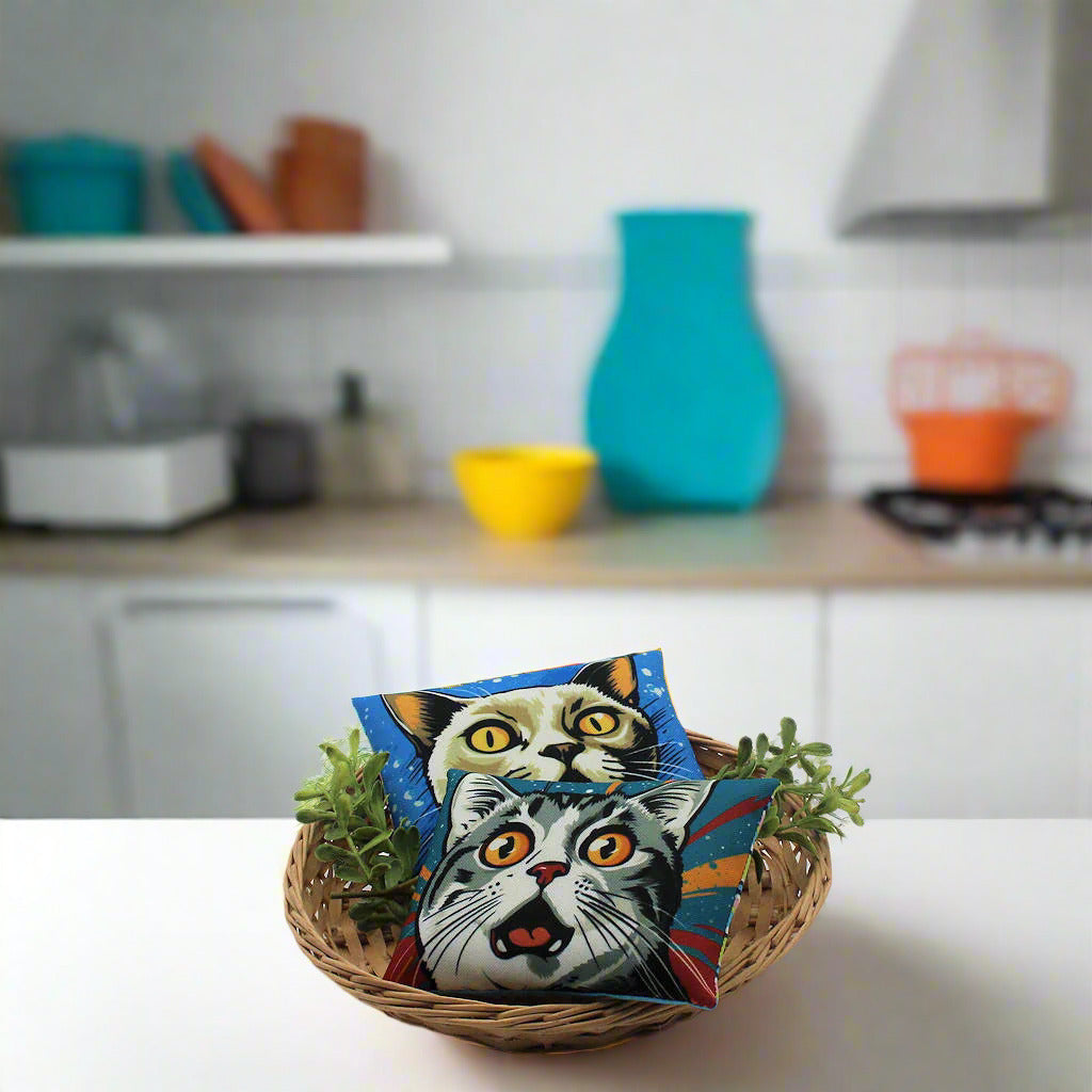 Set of two mini pillow bowl fillers with pop art cats