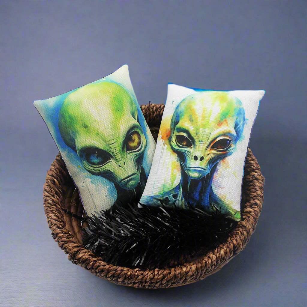Set of two Halloween mini pillow bowl fillers with creepy space aliens