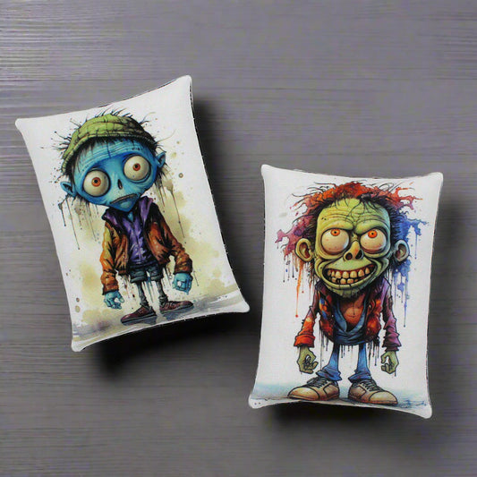 Set of two Halloween mini pillow bowl fillers with images of silly zombies