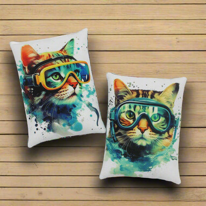 Set of two whimsical mini pillow bowl fillers with cats wearing swim goggles