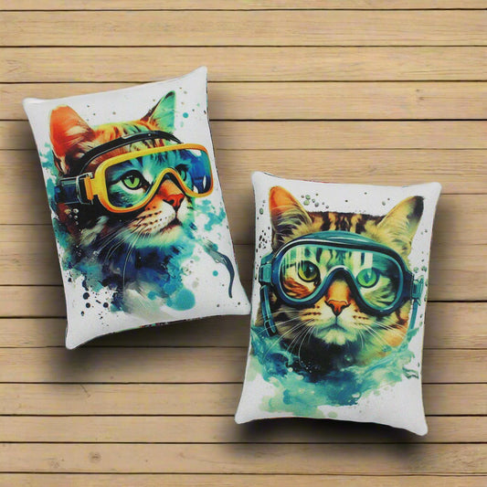 Set of two whimsical mini pillow bowl fillers with cats wearing swim goggles