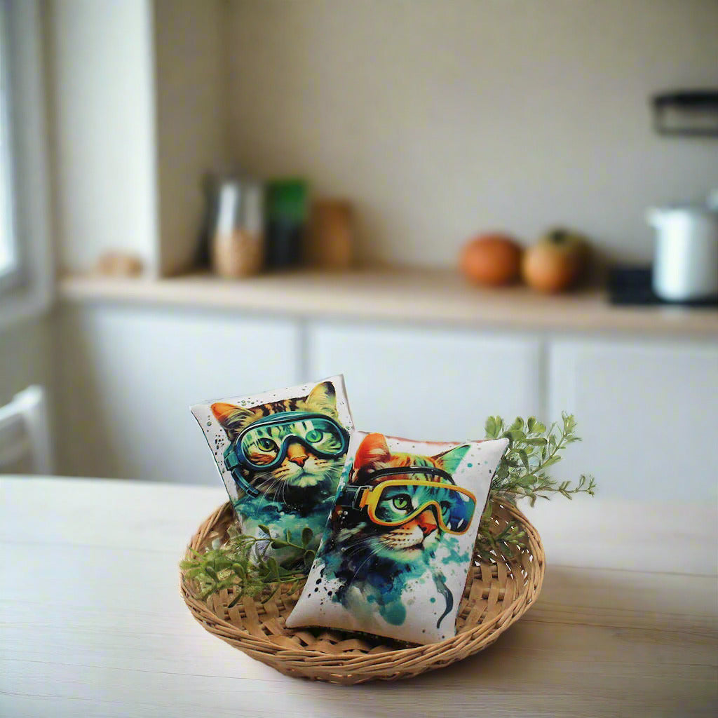 Set of two whimsical mini pillow bowl fillers with cats wearing swim goggles