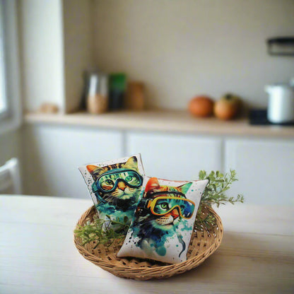 Set of two whimsical mini pillow bowl fillers with cats wearing swim goggles