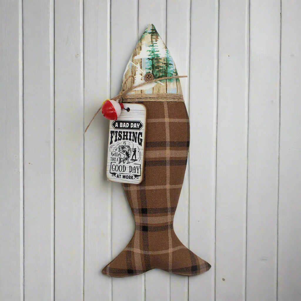 Decorative fish-shaped plush ornament with plaid pattern and fishing-themed elements on a white background
