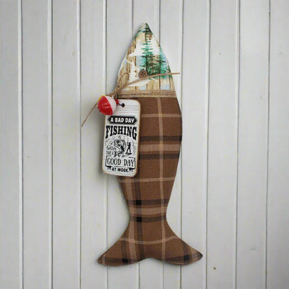 Decorative fish-shaped plush ornament with plaid pattern and fishing-themed elements on a white background