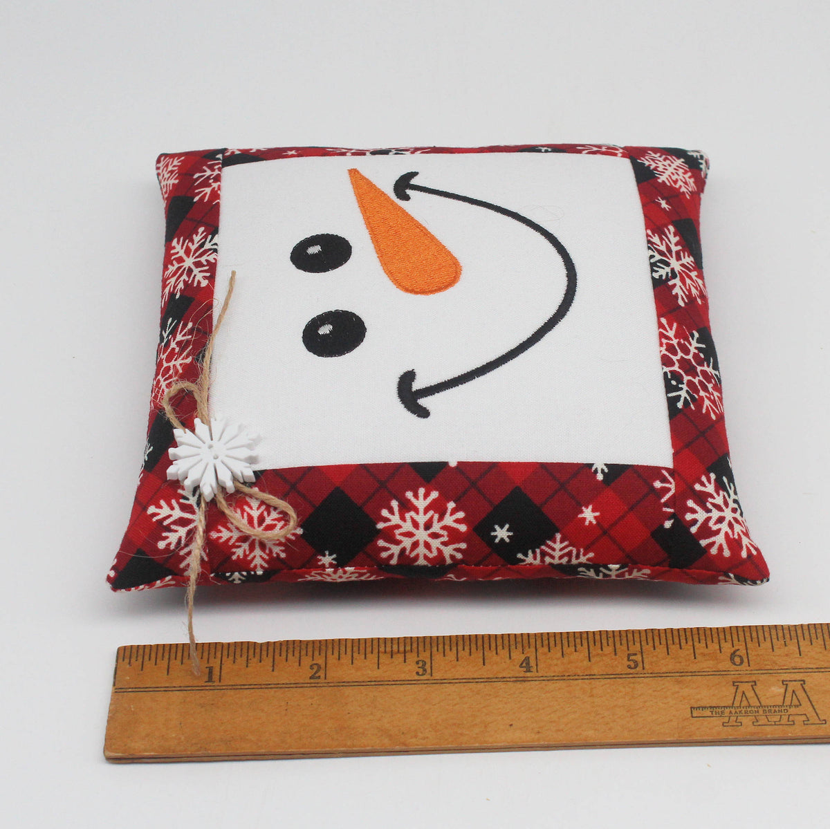 Smiling Snowman Face Mini Pillow Tuck – 6x6 Embroidered Winter Bowl Filler