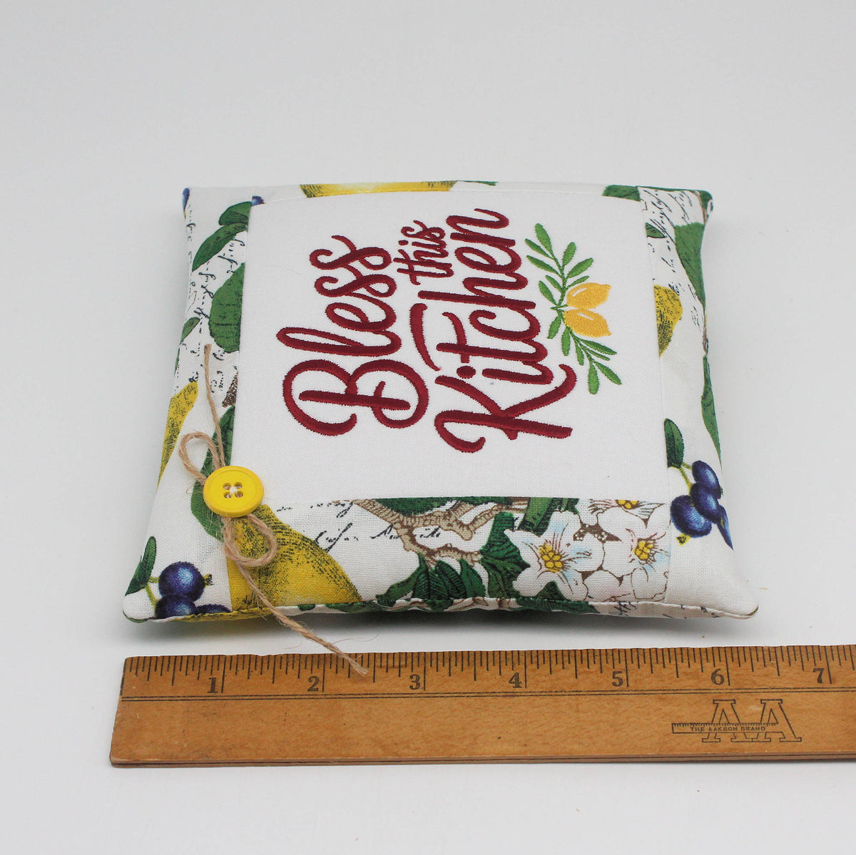 Bless This Kitchen Lemon Mini Pillow Tuck – 6x6 Embroidered Bowl Filler