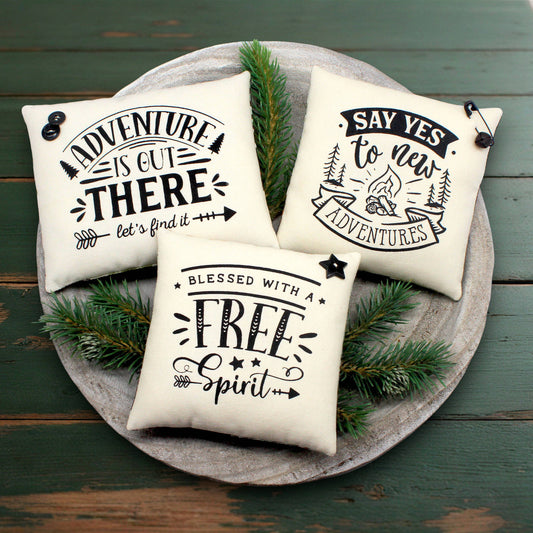Three decorative pillows with motivational phrases on a wooden surface with greenery.