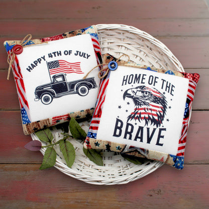 Set of two mini pillow bowl fillers for patriotic American holidays with a vintage truck, American flag and bald eagle.