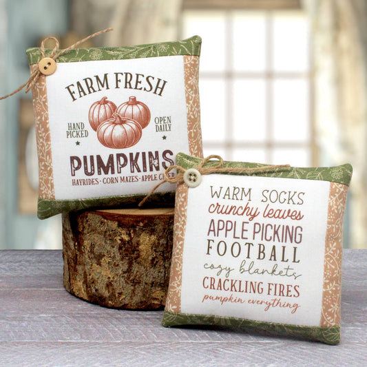 Two decorative fabric pillows with autumn-themed printed text and pumpkin graphics, tied with twine and buttons, displayed on a rustic wood slice with a softly blurred indoor background.