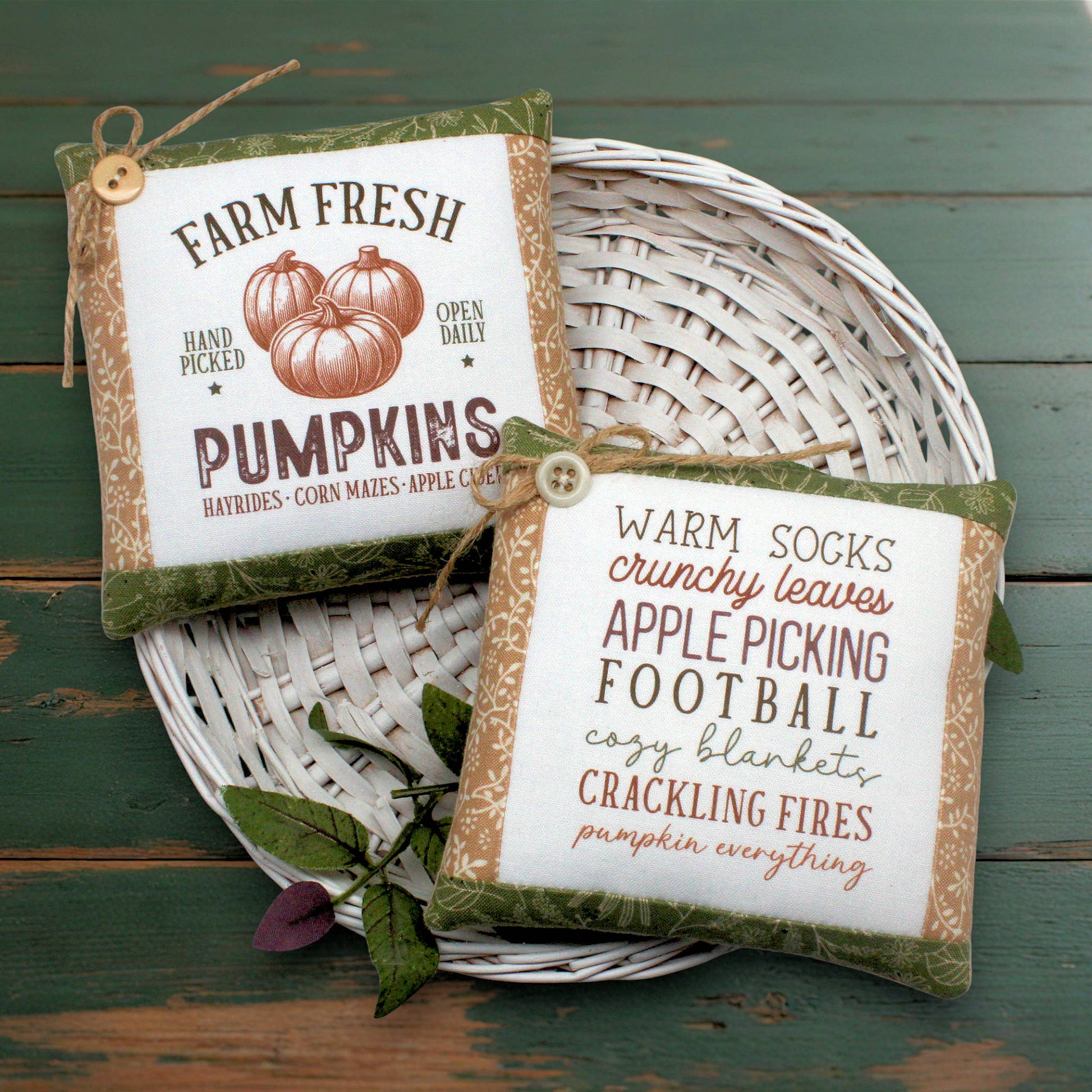 Set of two mini pillow bowl fillers featuring autumn favorites and pumpkin designs