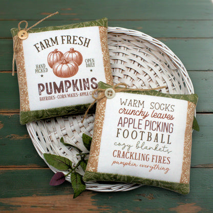 Set of two mini pillow bowl fillers featuring autumn favorites and pumpkin designs