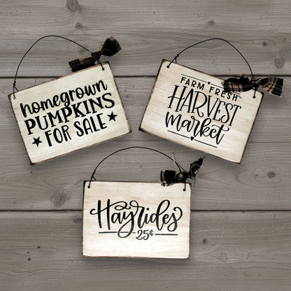 Three mini wooden signs with autumn-themed text on a wooden surface