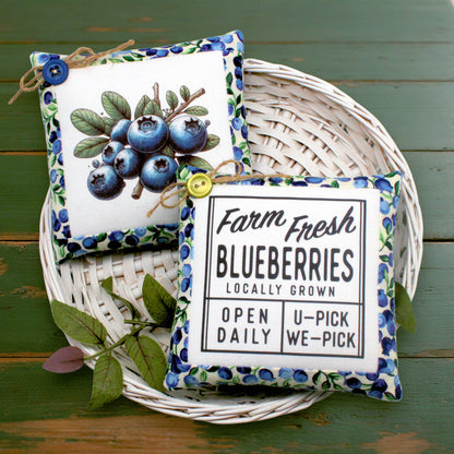 Set of two mini pillow bowl fillers with country primitive blueberry designs