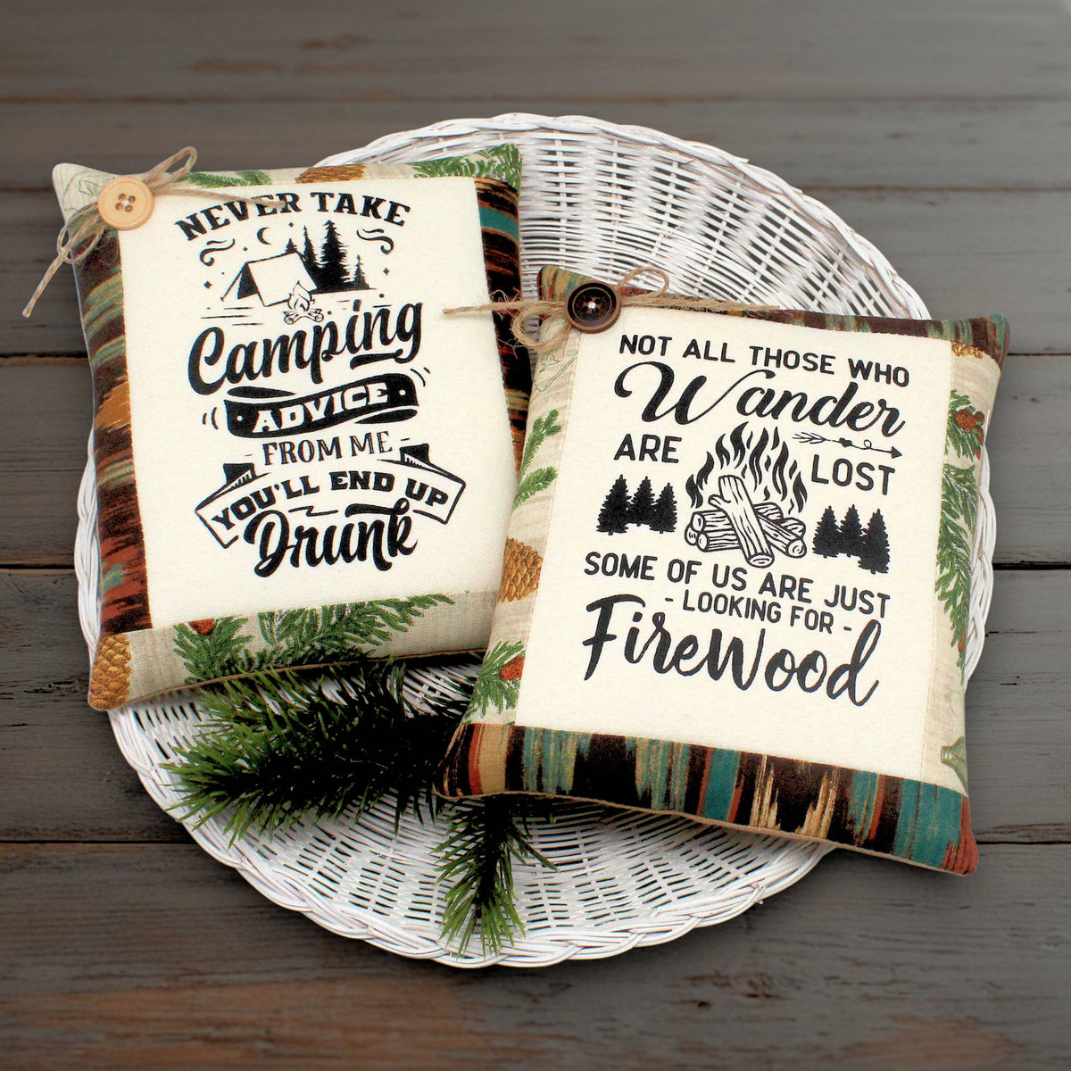 Set of two pillow tucks screen-printed with humorous camping sayings