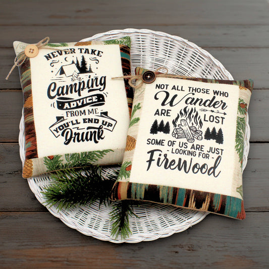 Set of two pillow tucks screen-printed with humorous camping sayings