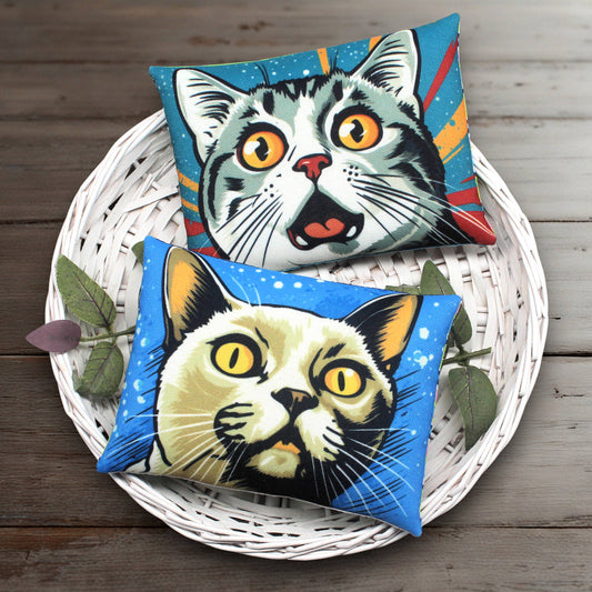 Set of two whimsical bowl filler mini pillows with colorful pop art cats