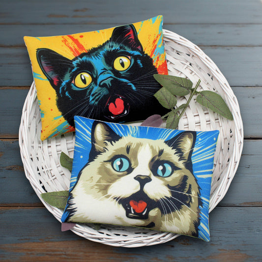 Set of two colorful pop art cat whimsical bowl fillers mini pillows
